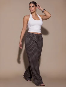 SHEIN BAE CURVE 大尺碼女款條紋休閒日常穿著西裝長褲 - 彩色 - 查看 5