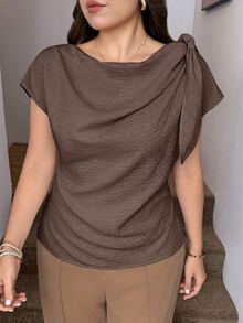SHEIN LUNE 大尺碼百褶前綁帶時尚復古商務襯衫 - 棕色 - 查看 3