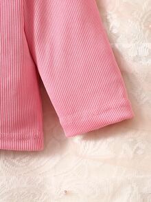 SHEIN 嬰兒女童純色套頭長袖上衣與3D兔子裝飾無袖吊帶連身褲T恤套裝 - 粉色 - 查看 11