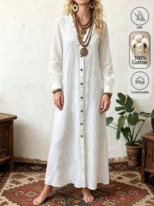 Omancia Gaun Polos Elegan untuk Wanita, Desain Elegan dengan Detail Kancing Depan, Cocok untuk Pantai, Kencan, Jalan-jalan, dan Perjalanan Sehari-hari - Putih - View 7