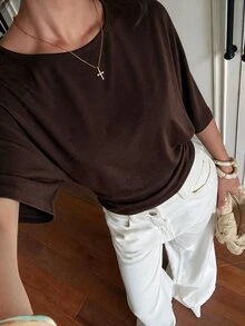 Aloruh 優雅通勤純色蝙蝠袖收腰T恤 - 咖啡棕 - 查看 3