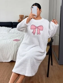 Napfluff CURVE Napfluff CURVE Bow Embroidered Soft Plush Plus Size Nightgown - White - View 1