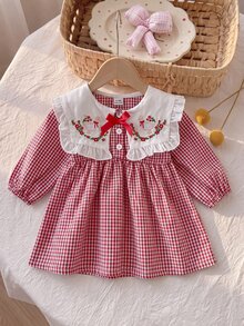SHEIN Playful Pals 女嬰春/秋季新款可愛長袖公主洋裝，嬰兒幼兒時尚森系風格 - 紅色 - 查看 1