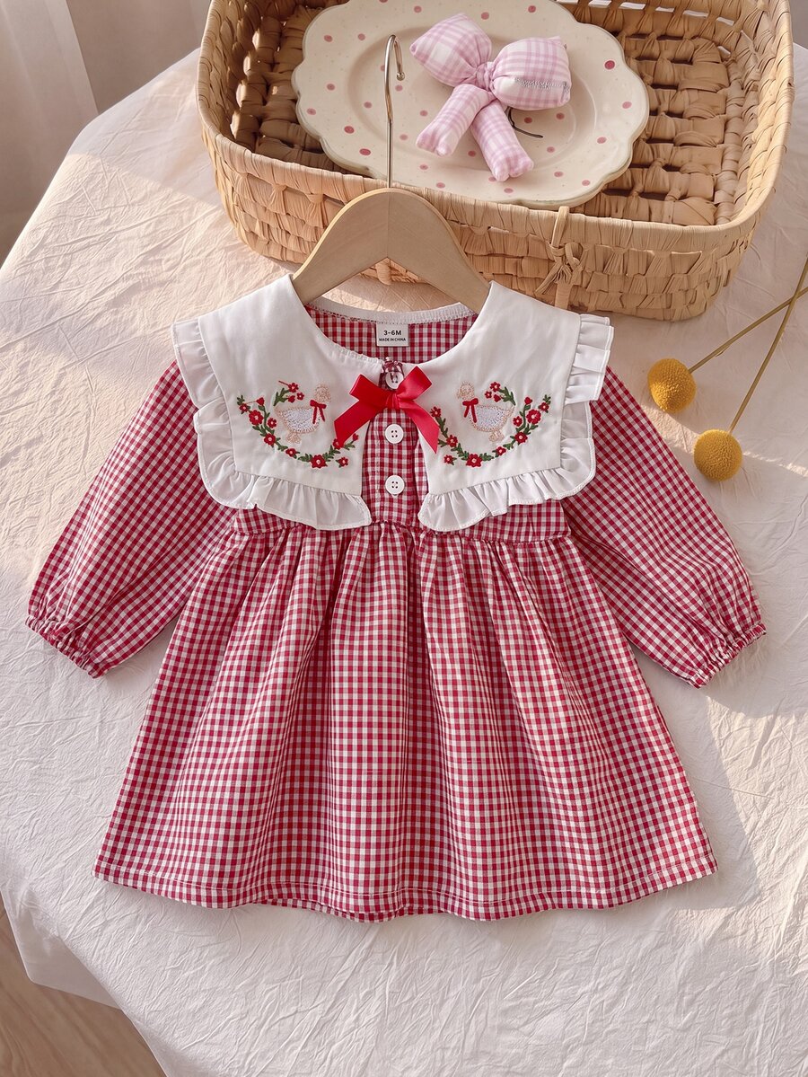 SHEIN Playful Pals 女嬰春/秋季新款可愛長袖公主洋裝,嬰兒幼兒時尚森系風格 - 紅色 - 查看 1