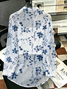 Lalippa Plus Size Casual Floral Print Semi-Sheer Shirt - Multicolor - View 2