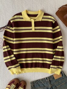 Comfortcana 女款條紋 Polo 領長袖休閒針織衫 - 彩色 - 查看 7