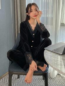 DAZY 女款對比色蕾絲長袖單排扣上衣與長褲居家服套裝 - 黑色 - 查看 11
