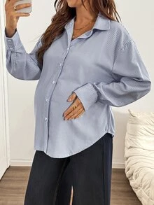 SHEIN Maternity Versatile Striped Single-Breasted Long Sleeve Shirt Fall - Navy Blue - View 2