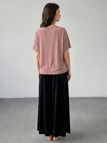 DAZY 2件組女款寬鬆短袖T恤與直筒睡褲居家服套裝 - 紫色 - 查看 2