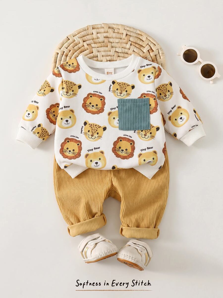 Cozy Pixies 男嬰卡通動物圖案針織軟綿圓領長袖套頭衛衣與鬆緊腰長褲兩件套 - 彩色 - 查看 1
