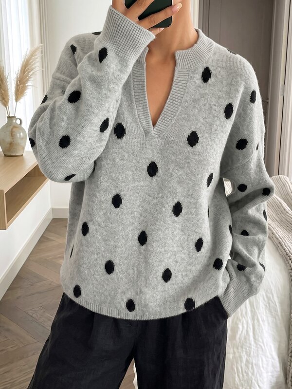SHEIN PariChic Casual Loose V-Neck Long Sleeve Polka Dot Jacquard Gray Women Fall Winter Sweater,National Day,Going Out Top,Country Concert Outfit,Women Classy Tops