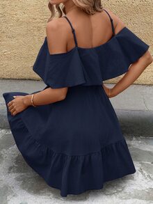 SHEIN Clasi 女款優雅波西米亞休閒細肩帶露肩舒適純棉純色海軍藍A字連身裙 度假夏季 - 藏蓝色 - 查看 8
