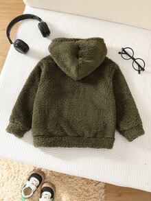 SHEIN 小男孩休閒百搭寬鬆舒適抓絨連帽衛衣，適合秋冬穿著 - 軍綠色 - 查看 2