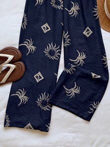 Comfortcana 女款休閒刺繡長褲，適合度假穿著 - 藍色 - 查看 4