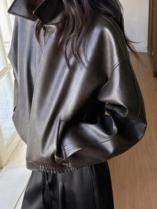 DAZY Women's Solid Color PU Leather Zipper Casual Versatile Daily Jacket - Black - View 5