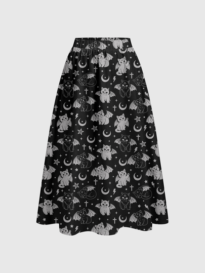 Gothic Dunkle Katze Mond Sonne Sterne Kreuz Halloween Elegant Urlaub Gothic Dunkler Regenschirm Rock Große Größen Rock