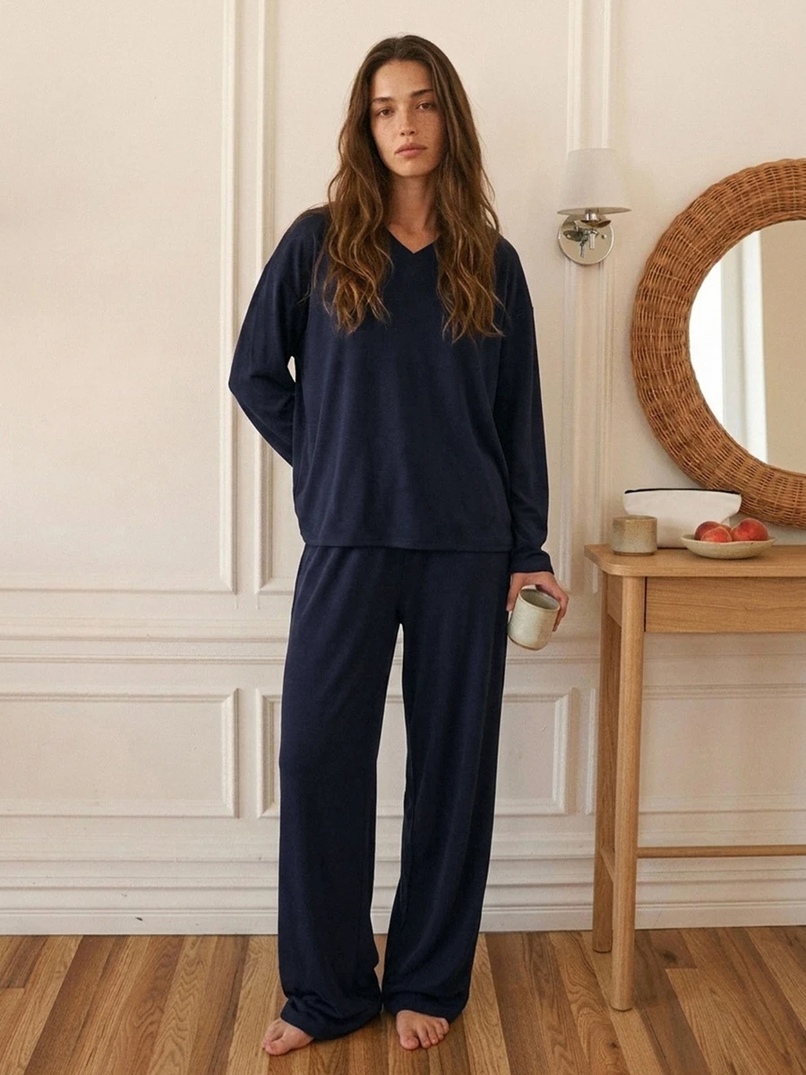 DAZY Women's Solid Color V-Neck Long Sleeve Top And Pants Casual Loungewear Set Fall - Blue - View 1
