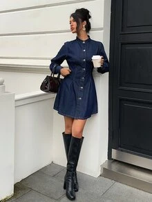 Siren Gaze Women's Long Sleeve Single-Breasted Casual Denim Dress, Fall Winter Elegant Denim Dress For Women, Stand Collar Mini Dress, Office Wear, Cute Dress. - Blue - View 6