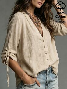SHEIN Solid Color Distressed Texture V-Neck Button-Front Long Sleeve Shirt For Women, Single-Breasted Front, Shoulder Pleat Detail, Drawstring Cuffs To Shorten To Mid-Sleeve, Slim Fit, Minimalist Commuter Outerwear Blouse - Khaki - View 6