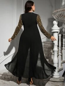 Reflora Mono de moda diario para mujer talla grande con cuello en V y decoración de strass - Negro - Ver 6