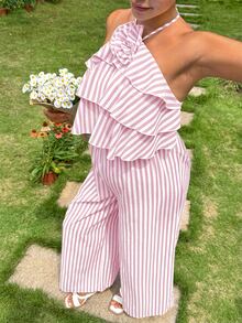 SHEIN Maternity Striped Floral Decor One-Piece Long Pants - Pink - View 8