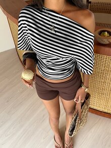 Aloruh Asymmetrical Shoulder Loose Top With Ruched Waist, Simple Basic Striped T-Shirt - Black and White - View 6