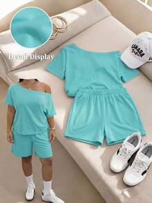 Muchica Conjunto de 2 piezas de top con cuello asimétrico y shorts de unicolor casual de verano para talla grande - Agua verde azul - Ver 5