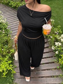 Muchica Plus Size Summer Casual Elegant Solid Color Asymmetric Collar Top And Pants 2 Pieces Set Brunch Formal Black - Black - View 5