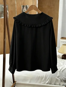 GlowEve CURVE Regalyn Plus Size Women's Solid Color Cute Korean Peter Pan Collar Blouse, Suitable For Spring And Autumn Layering Fall - Black - View 2