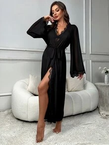 Côtesoire 女款優雅蕾絲飾邊透視睡裙 - 黑色 - 查看 6