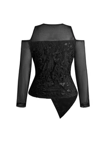 ROMWE Sexy Black Distressed Patchwork Floral Mesh Punk Gothic Style Asymmetric Plus Size Women's Top - Black - View 2
