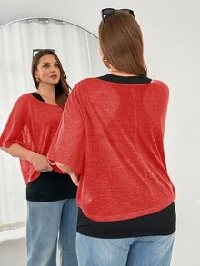 SHEIN Essnce 大尺碼女款純色內層與上衣休閒日常兩件套 - 紅色 - 查看 7