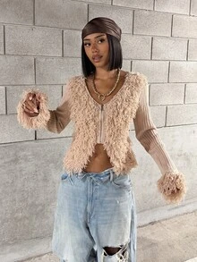 StreetHx Women's Autumn Fashion Tassel Patchwork Cardigan - Dusty Pink - View 7