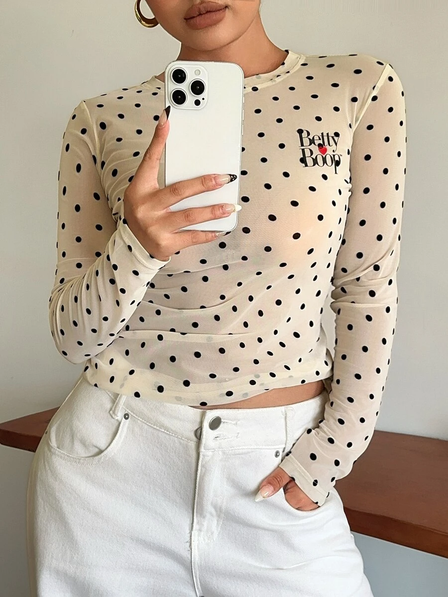 Betty Boop x DAZY Curve Plus Size Women Letter Print Polka Dot Fitted Versatile Base Layer Skin-Like T-Shirt, Spring/Autumn New Style - Beige - View 1