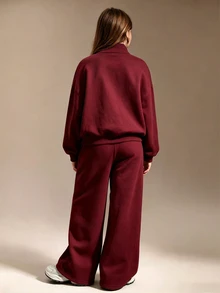 SHEIN 青少年女孩秋季套裝 半拉鍊寬鬆版型運動衫與運動長褲套裝，大尺寸風格，返校季，秋冬舒適 - 酒紅色 - 查看 2