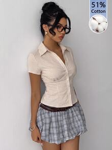 Aloruh 女款多色條紋黃色休閒優雅都市時尚襯衫，收腰設計，返校穿搭 - 彩色 - 查看 2