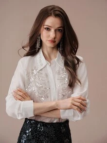 BELROSIE Commuter Design 3D Floral Sequin Applique Embroidered Sheer Casual Elegant Long Sleeve Shirt Bar Party Night Dinner White Floral Summer Wedding - White - View 5