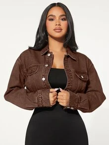 SHEIN SXY 女款時尚單排扣長袖短版牛仔夾克 - 摩卡棕 - 查看 7