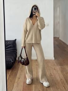 StreetHx Women's Fashion Versatile Casual Commute Daily Wear Street Style Autumn/Winter Hooded Sweater 2 Pieces Set - Khaki - View 4