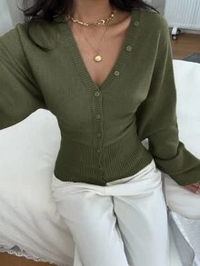Siren Gaze 女款素色鈕扣收腰針織開襟衫，休閒日常穿著，適合秋冬 - 軍綠色 - 查看 1
