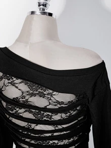 SHEIN ICON Kaos Hitam Ukuran Plus Wanita Gaya Y2K dengan Desain Sobek dan Usang di Bagian Belakang, Model Renda 2 in 1 Lengan Panjang untuk Musim Gugur - Hitam - View 7