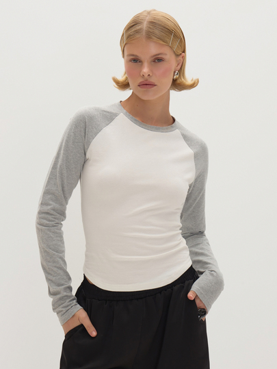 MUSEYN Grey And White Jersey Contrast Crew Neck Long Sleeve T-Shirt