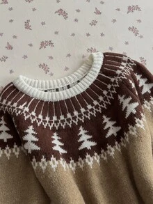 Elamini Sweater Wanita Kerah Bulat Jacquard Motif Pohon Natal Fair Isle Bergaya Vintage - MultiWarna - View 6