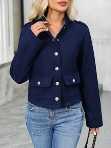 EMERY ROSE Jaket Lengan Panjang Kasual Warna Polos Serbaguna untuk Wanita, Pakaian Musim Gugur untuk Wanita, Busana Musim Dingin untuk Wanita - Navy Blue - View 5