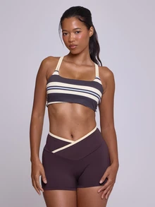 Musera Sport Contrast Colour Stripe Double Layered Strap Cross Back Sports Bra Workout Gym Cute Pilates Fitness Daily Fall Winter - Multicolor - View 1