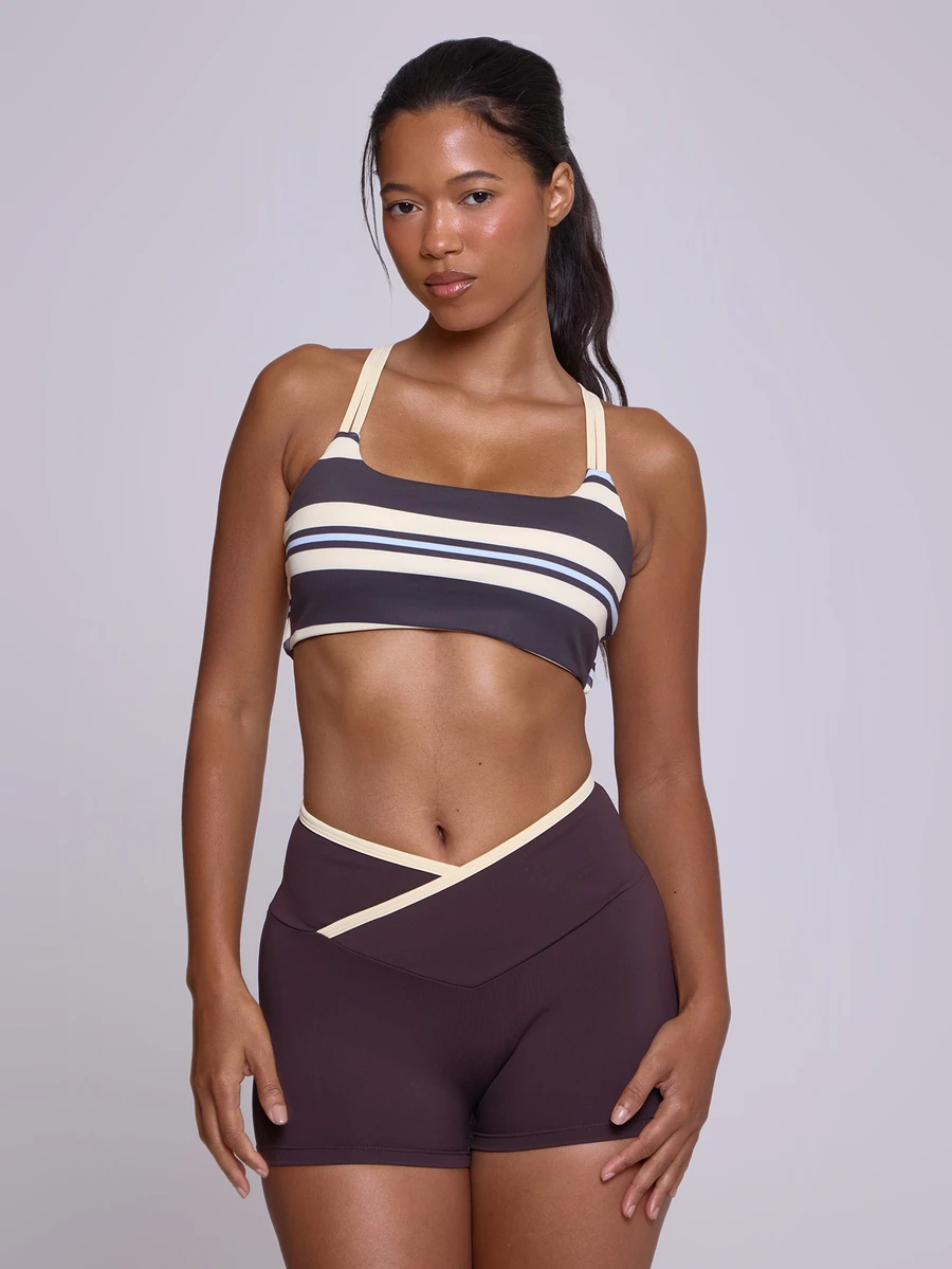 Musera Sport Contrast Colour Stripe Double Layered Strap Cross Back Sports Bra Workout Gym Cute Pilates Fitness Daily Fall Winter - Multicolor - View 1
