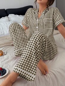 Napfluff Bubble Crinkle Polka Dot & Plaid Print Short Sleeve Long Pants Pajama Set - Multicolor - View 5