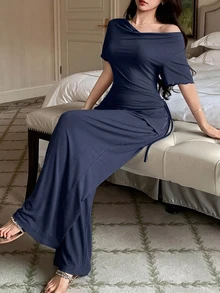 DAZY 女款純色針織大領口收腰上衣與寬腿睡褲家居服套裝 秋季 - 藏蓝色 - 查看 4