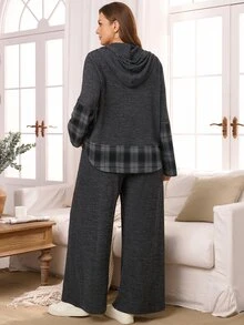 EMERY ROSE طقم نسائي مقاس كبير بتصميم مربعات وألوان متباينة، ملابس علوية بقلنسوة وبنطال، كاجوال للاستخدام اليومي - رمادي غامق - مشاهدة 3