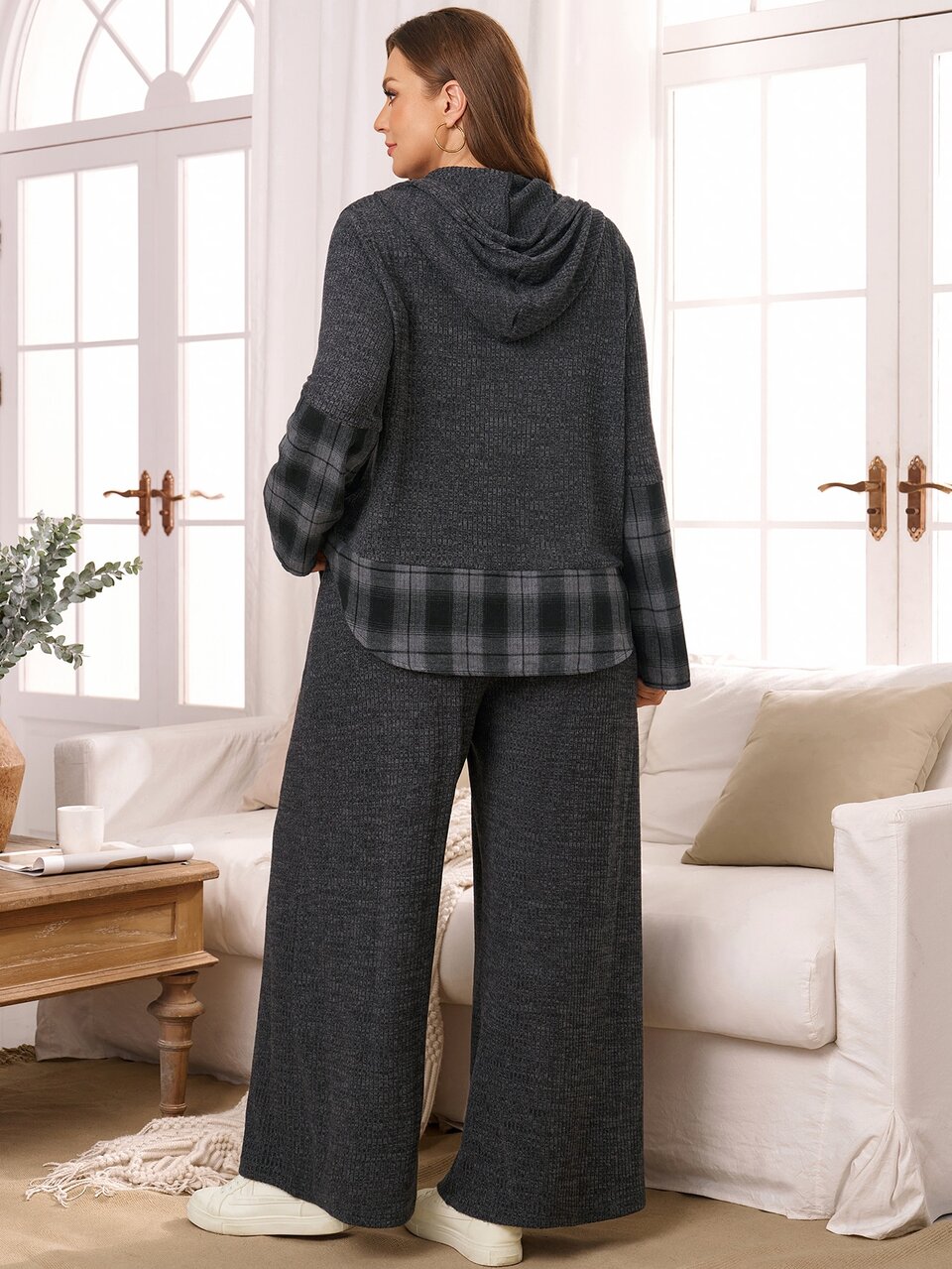 Women's Plus Size Plaid Colorblock Hooded Top And Pants Casual Everyday Set Fall Clothes For Women  Fall Winter 2026